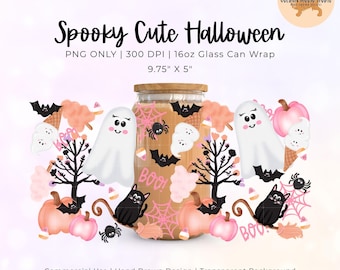 Läskigt söt Halloween-glasburkplast PNG, Libbey 16pz muggplast, sublimering, Halloween-muggplast, digital nedladdning, Libbey glasburk, rosa