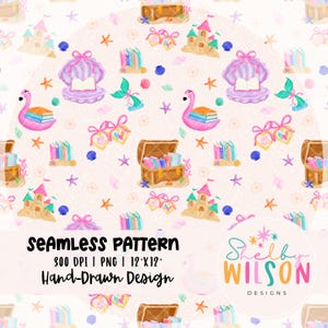 Summer Bookish Seamless Pattern, Beach Reading Digital Paper, Book Lover PNG, Coastal Books Fabric, Seashell Sublimation