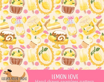 Citroen cottagecore naadloos patroon, png instant download digitaal papier, sublimatie, stof, citroenen en desserts, schattige citroenen, plakboek