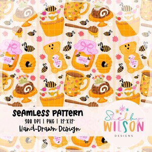 May include: A seamless pattern featuring honey-themed illustrations. The design includes cupcakes, honey pots, honey dippers, honey bear cookies, teacups, and bees. The text "SEAMLESS PATTERN" and "Hand-Drawn Design" are also visible.