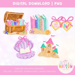 Op de afbeelding: Digitale download-afbeelding met een schatkist, boeken, harten, een schelp met een boek en een zandkasteel. De tekst "Buy Me Books & I'll Me I'm Pretty" staat op de harten. Het ontwerp bevat de tekst "DIGITAL DOWNLOAD | PNG" en "SHELBY WILSON DESIGNS".