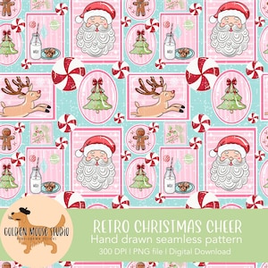 Retro Christmas Seamless Pattern, Instant Download, Digital Paper, Sublimation, Fabric, Cute Christmas, Santa, Reindeer, Gingerbread man