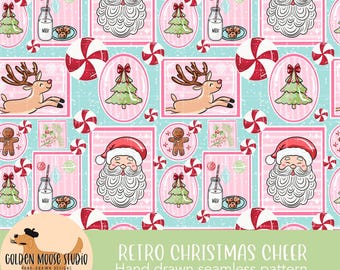 May include: A seamless pattern with a retro Christmas theme. Santa Claus, reindeer, Christmas trees, gingerbread men, milk bottles, and candy canes are arranged on a light blue background. The text "RETRO CHRISTMAS CHEER" is also visible.