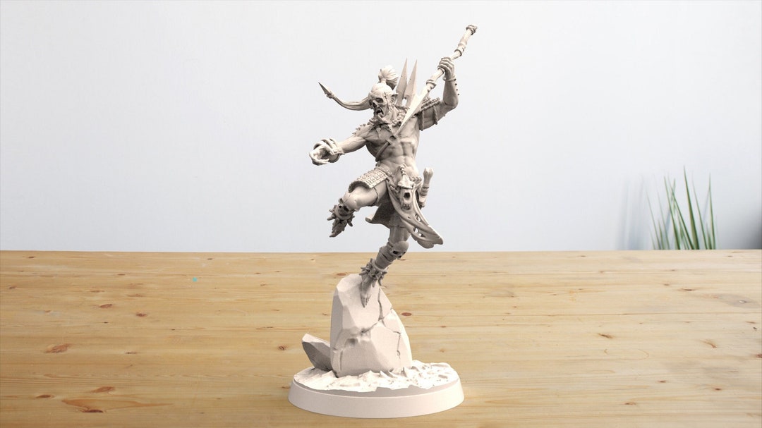 Orc Warband Male Javelin Fighter in Dramatic Pose 32mm Miniature