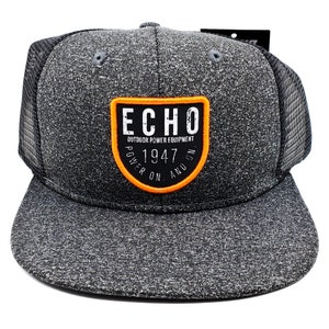 May include: A black and gray mesh trucker hat with an orange and white logo that says "ECHO OUTDOOR POWER EQUIPMENT 1947 POWER ON AND ON."