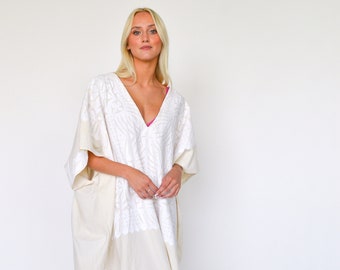 The Dawn Kaftan- Hand Appliqué White Boho Kaftan Coverup Dress