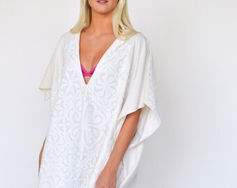 The Dawn Mini Kaftan - Hand Appliqué White Boho Mini Dress Beach Coverup