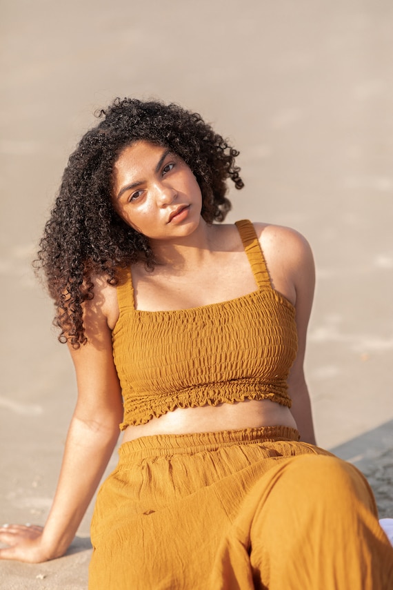 smocked yellow tube top