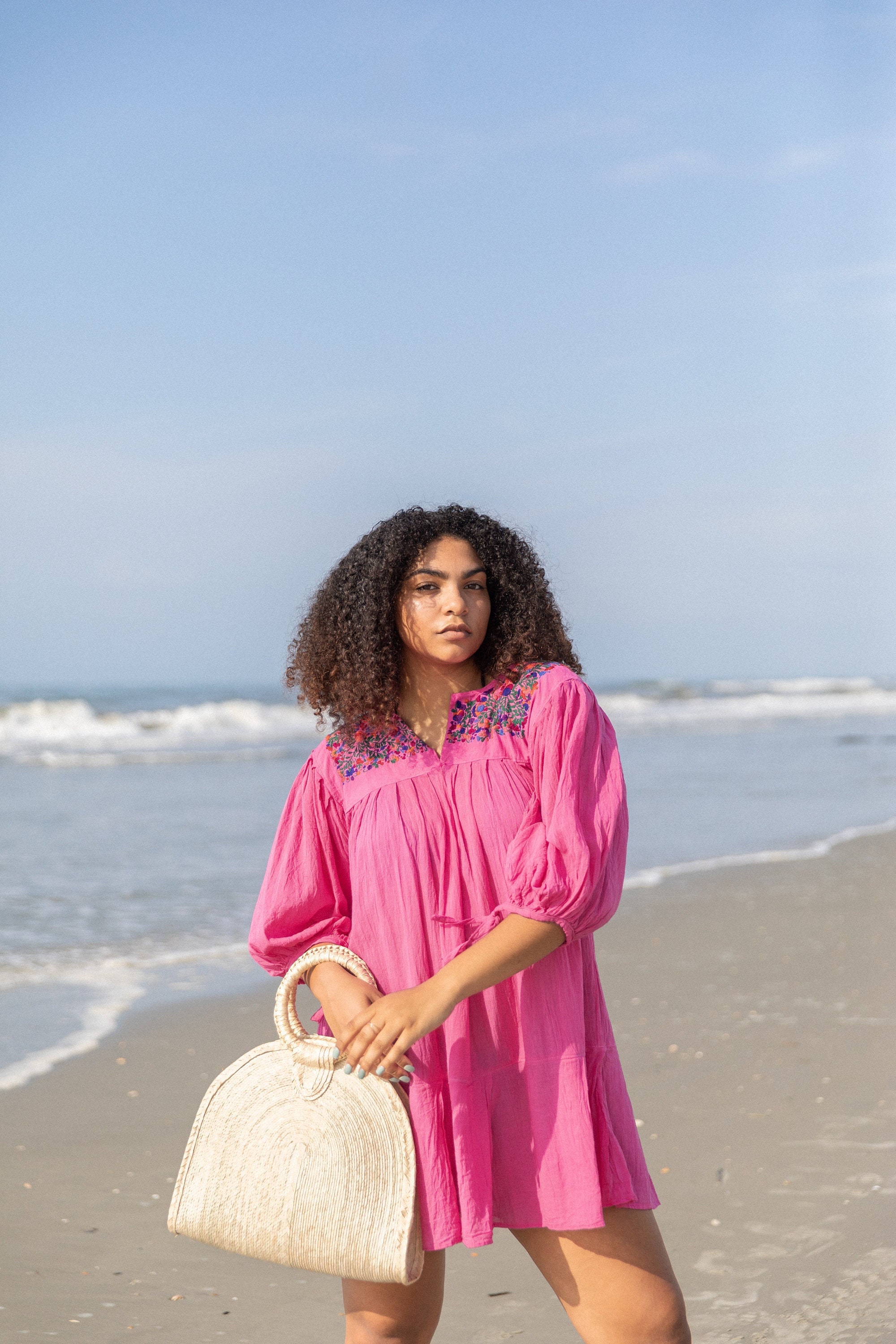 Hand Embroidered Boho Cotton Gauze Mini Dress in Pink