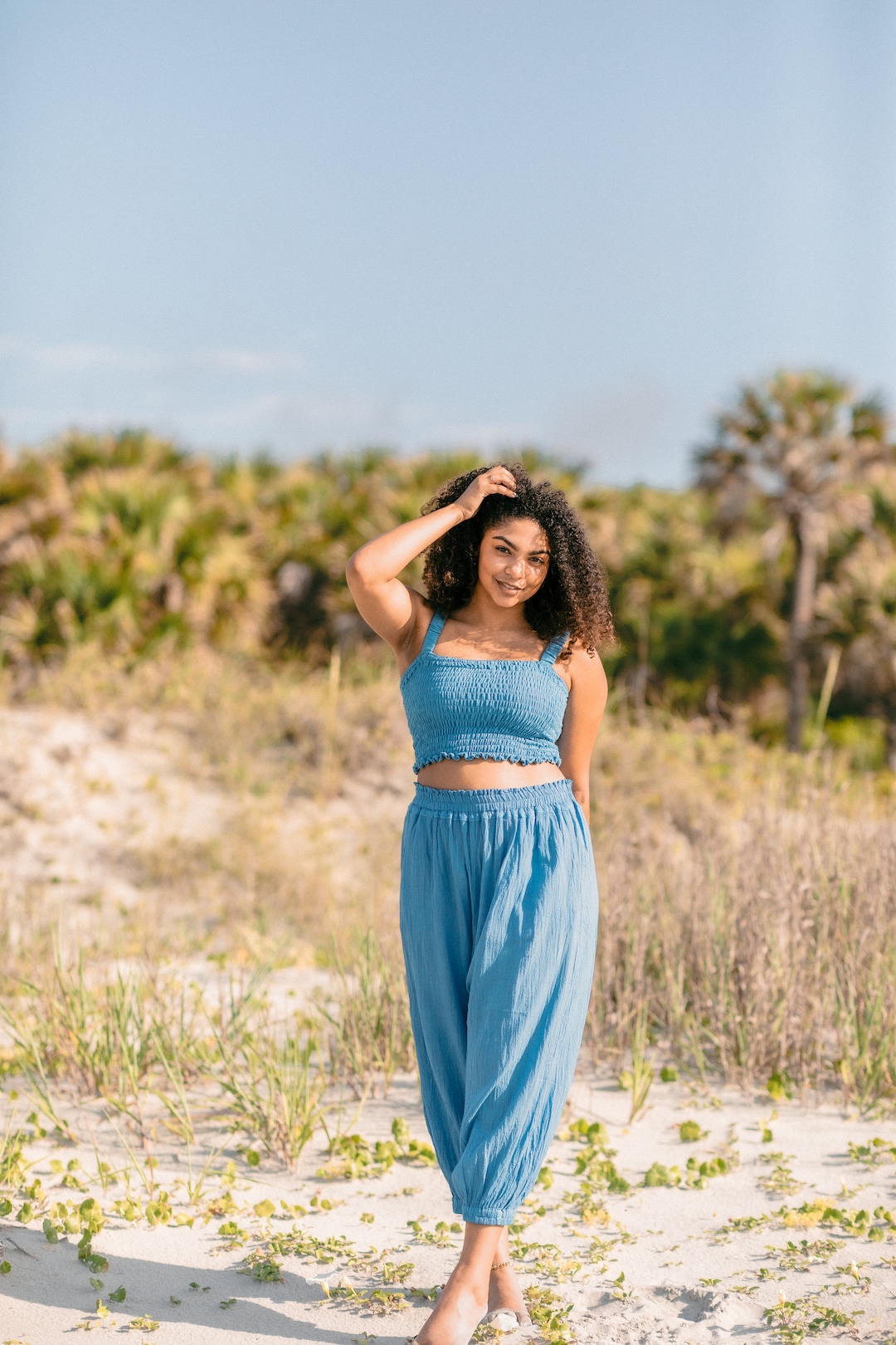 Cute Ocean Theme Organic Cotton Cuffless Harem Pants with Matching Top Knot Hat
