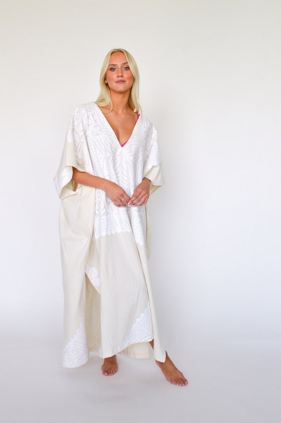 Cotton Hand Appliqu White Boho Kaftan Coverup Maxi Dress