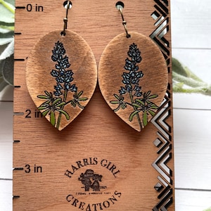Hand-painted Floral Bluebonnet Teardrop Dangle Earring-hypoallergenic stainless steel