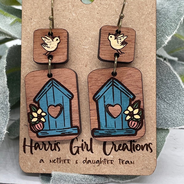 Birdhouse Earring, Wood Engraved Dangle, hypoallergenic stainless steel, hand-painted Easter, Mothers Day Gift, Spring arts, Easter