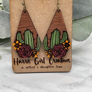 Cactus Floral Earring, Wood Engraved Dangle, hypoallergenic stainless steel, handpainted flower, Mothers Day Gift, desert art