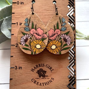 Floral Wildflower Teardrop, Wood Engraved Dangle Earring, hypoallergenic stainless steel, handpainted, boho style