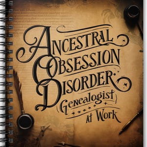 Może przedstawiać: Szyty spiralnie notes z brązową papierową okładką w stylu vintage. Na okładce widnieje napis "Ancestral Obsession Disorder (Genealogist) At Work" w stylizowanym foncie.