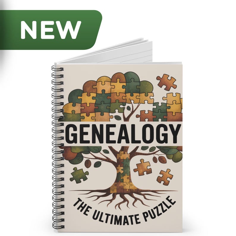 May include: Spiral-bound notebook with a genealogy-themed design. The cover features a tree made of puzzle pieces, the word "GENEALOGY", and the phrase "THE ULTIMATE PUZZLE". A green "NEW" label is in the upper left corner.
