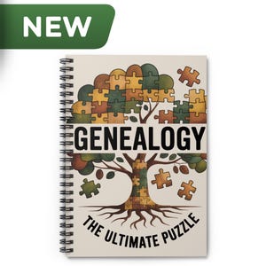 May include: Spiral-bound notebook with a tree design made of puzzle pieces. The word "GENEALOGY" is centered above the tree, with "THE ULTIMATE PUZZLE" below. A green banner with "NEW" is in the upper left corner.