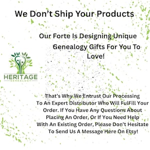 May include: White background with green accents and text. The text reads "We Don't Ship Your Products" and "Our Forte Is Designing Unique Genealogy Gifts For You To Love!". The Heritage Genealogy logo is also visible.