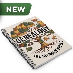 May include: A spiral-bound notebook with the word "GENEALOGY" and "THE ULTIMATE PUZZLE" printed on the cover. The design features a tree made of puzzle pieces in shades of brown, green, and yellow. A green banner with the word "NEW" is in the upper left corner.