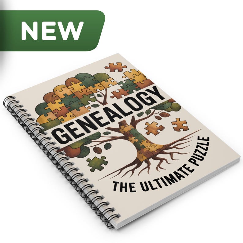 May include: A spiral-bound notebook with the word "GENEALOGY" and "THE ULTIMATE PUZZLE" printed on the cover. The design features a tree made of puzzle pieces in shades of brown, green, and yellow. A green banner with the word "NEW" is in the upper left corner.