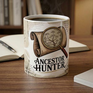 May include: A white ceramic mug filled with dark coffee. The mug features a scroll design with a magnifying glass over a family tree diagram. The words "ANCESTOR HUNTER" are printed below the scroll, with a compass rose design on the side.