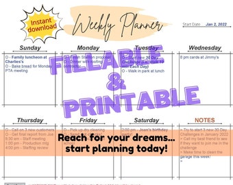 Planificador semanal PDF Form rellenable e imprimible / 5 colores de plantilla