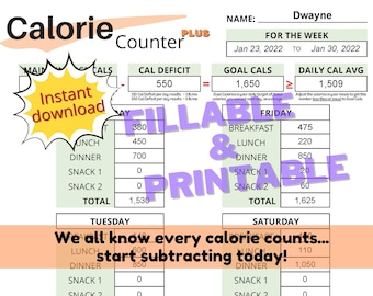 Calorie Counter: Weekly Weight Loss Planner (Fillable & Printable PDF)