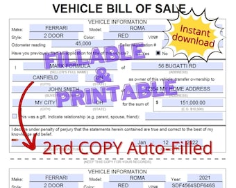 Fillable Vehicle Bill of of Sale Template | Auto-Copy PDF (Digital Download)