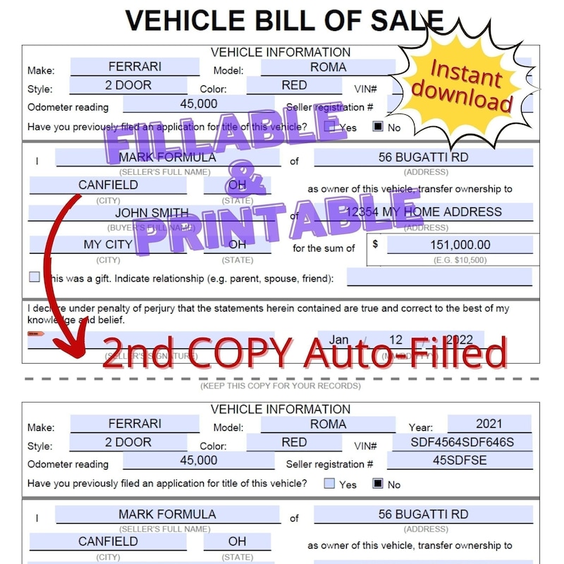 Car Bill Fillable Etsy