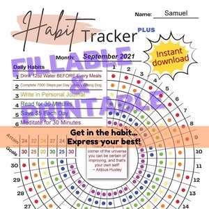 Printable Habit Tracker Plus PDF Form | Daily Habit Circle Tracker Plus Fillable and Printable Form