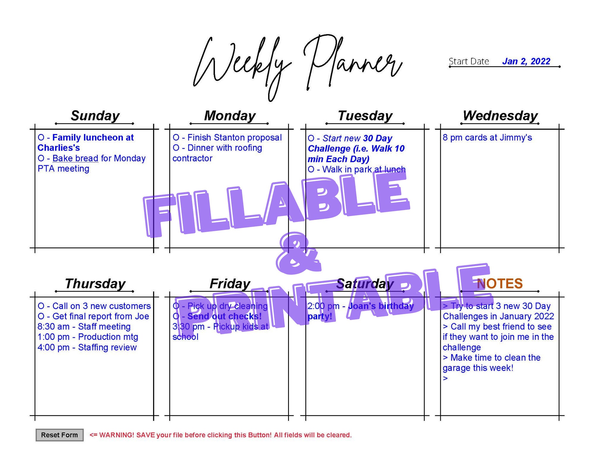 Weekly Planner PDF Form Fillable & Printable | 5 Template Colors - Etsy