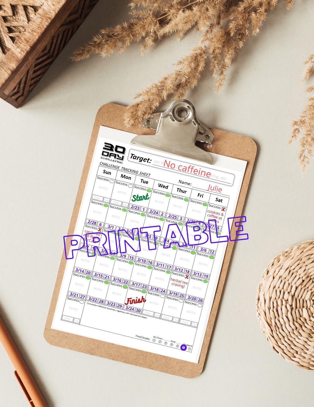 30 Day Challenge Tracker: Self-improvement Printable (PDF) - Etsy