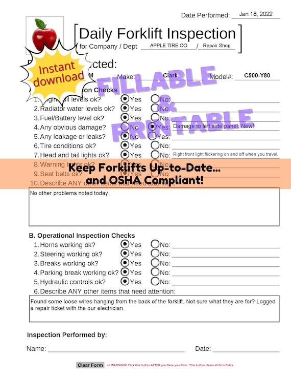 Daily Forklift Inspection PDF Form Industrial Daily Forklift Etsy