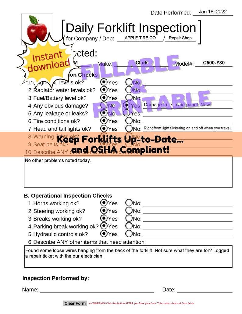 Daily Forklift Inspection PDF Form Industrial Daily Forklift Inspection