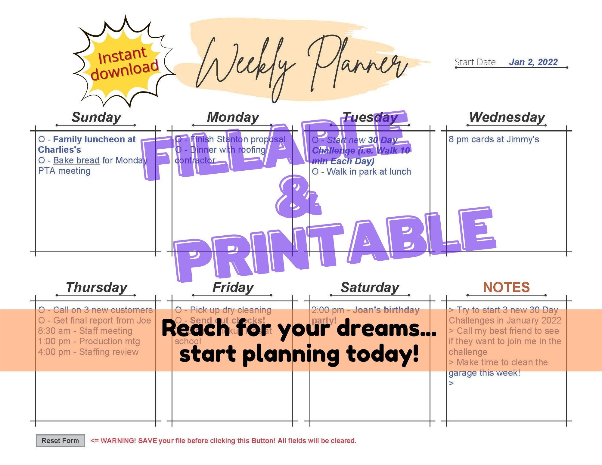 Weekly Planner PDF Form Fillable & Printable | 5 Template Colors - Etsy
