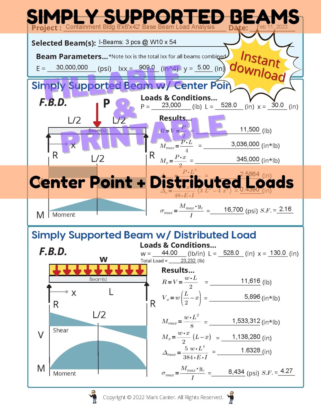 Beam Load Analysis PDF Form: Center Point & Distributed Loads (digital ...