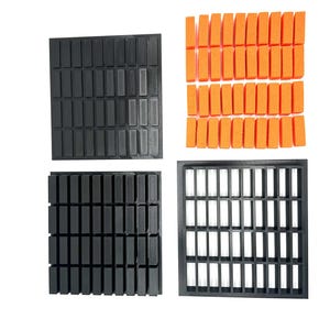 May include: Four items are arranged against a white background. There are two black rectangular grids, one solid and one open-framed. Also present are two sets of rectangular pieces, one black and one orange, suitable for various applications.