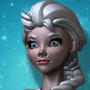 Può includere: Immagine renderizzata in 3D di un personaggio femminile con pelle chiara, occhi blu e capelli bianchi acconciati in una treccia. Il personaggio è ambientato su uno sfondo blu con accenti di fiocchi di neve. Il personaggio indossa una collana blu.