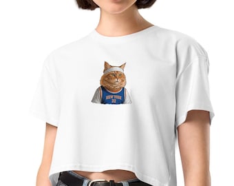 Women's NYK Crop Top | Knicks Inspired Karl-Anthony Towns Cat Shirt | Basketball Tabby Graphic