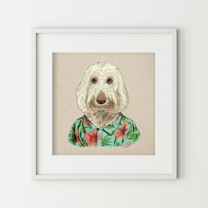 Ritratto di cane Labradoodle hawaiano, stampa artistica 8x8 – illustrazione di animale domestico antropomorfo, arredamento eccentrico, arte murale