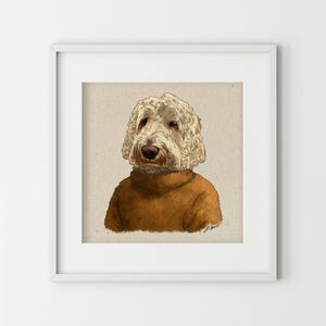 Ritratto di cane Labradoodle accogliente, stampa artistica 8x8 – illustrazione di animale domestico antropomorfo, arredamento eccentrico, arte murale