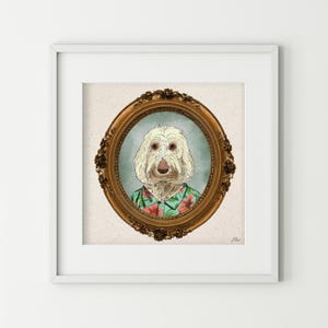 Ritratto di cane Labradoodle hawaiano in stile antico, stampa artistica 8x8 – illustrazione di animale domestico antropomorfo, arredamento eccentrico, arte murale