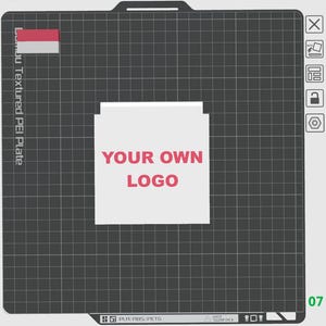 May include: A white textured PEI plate with a black grid pattern. The plate has a red and white flag in the top left corner and the text "Lou Textured PEI Plate" in the left side. The plate has a white rectangle in the center with the text "YOUR OWN LOGO" in red.