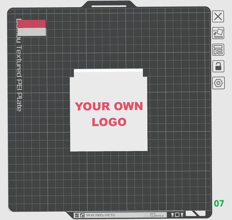 May include: A white textured PEI plate with a black grid pattern. The plate has a red and white flag in the top left corner and the text "Lou Textured PEI Plate" in the left side. The plate has a white rectangle in the center with the text "YOUR OWN LOGO" in red.
