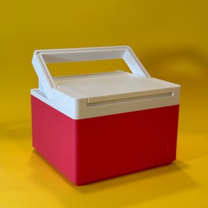 May include: A small, red and white cooler with a white handle. The cooler is made of plastic and has a rectangular shape.