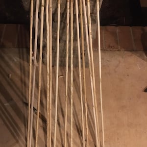 May include: A collection of 14 natural wood dowels, each with a small notch at the top. The dowels are arranged in a row on a light brown surface.