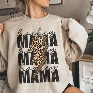 Hockey Mama Sweatshirt, Hockey Mom Leopard Lightning Bolt Sweatshirt, Gift for Hockey Mama, Hockey Sports Mama, Hockey Game Day Sweatshirt