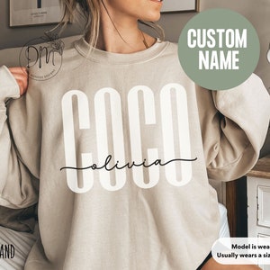 Custom Coco Sweatshirt, Coco Custom Name Crewneck, Personalized Grandma Gift, Custom Coco Gift Pregnancy Reveal Coco Mothers Day Sweatshirt