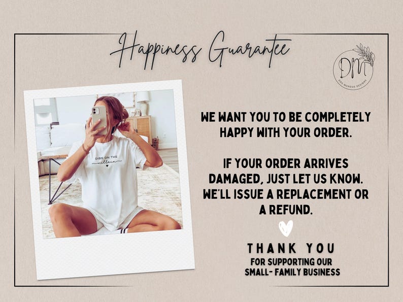 May include: A white t-shirt with the text "Dress on the wellness" is featured in a polaroid-style image. The image also includes the text "Happiness Guarantee" and a message about order satisfaction and replacements.